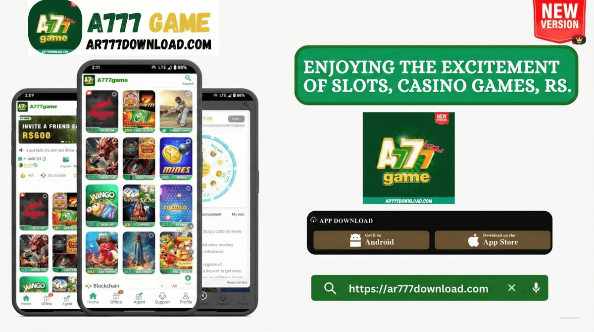 Illustrated ar777 game lobby interface with casino-style tiles and virtual coins