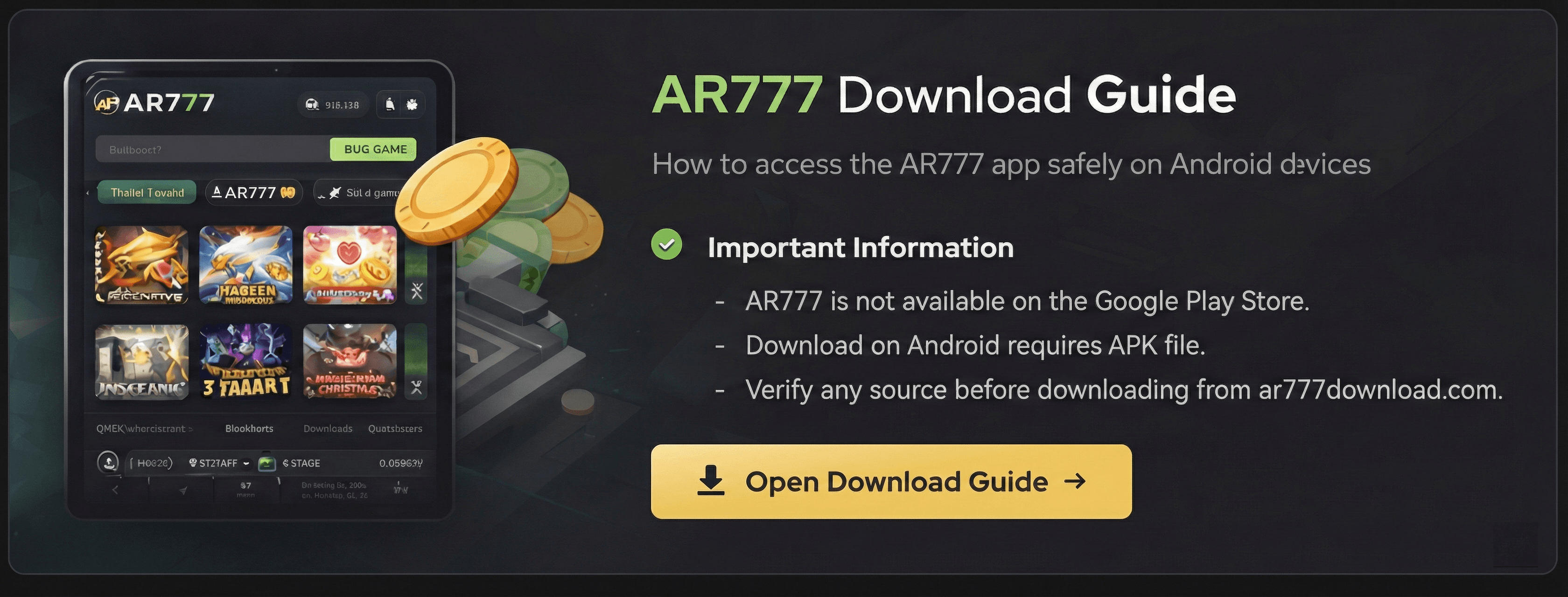 Illustration of secure and responsible AR777 gaming with shield icon, mobile device and coins