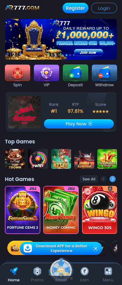 Illustrative ar777 game lobby showing multiple colourful game tiles and account balance at the top